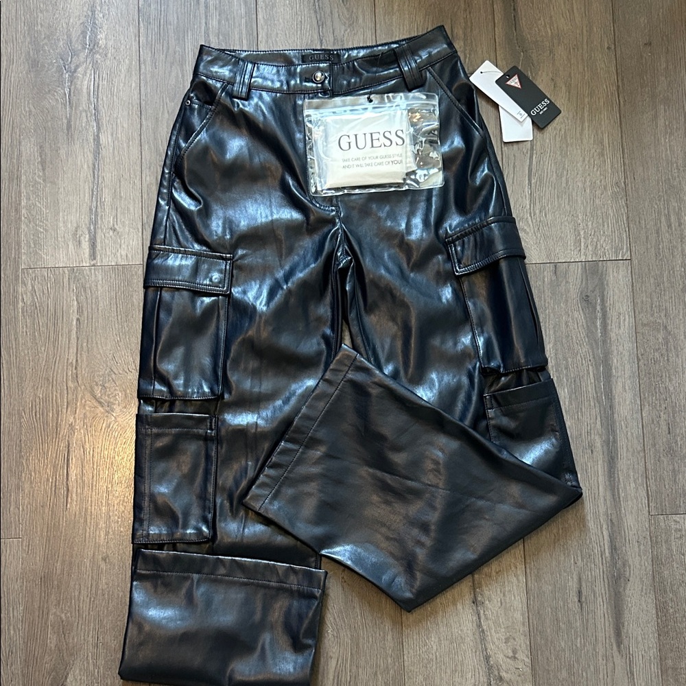 Guess faux leather Black Cargo Pants wide leg size XS